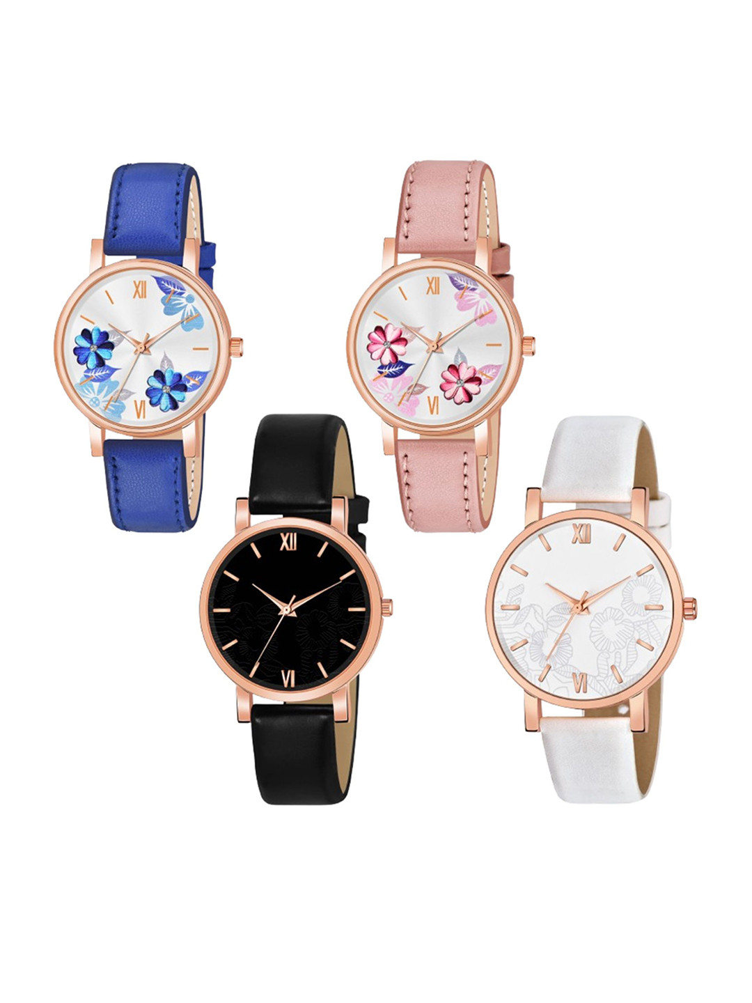 THE SHOPOHOLIC Women Set of 4 Leather Straps Analogue Watch K-BLP-R-BW