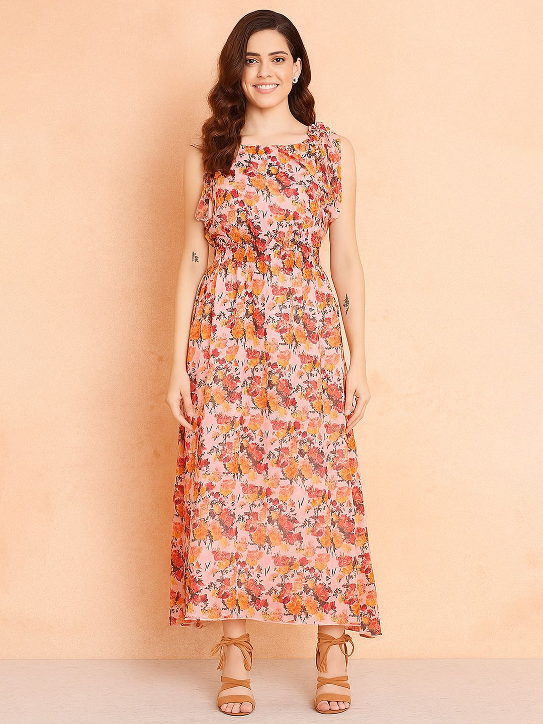 all about you Floral Print Ruffled Georgette Gown Maxi Dress