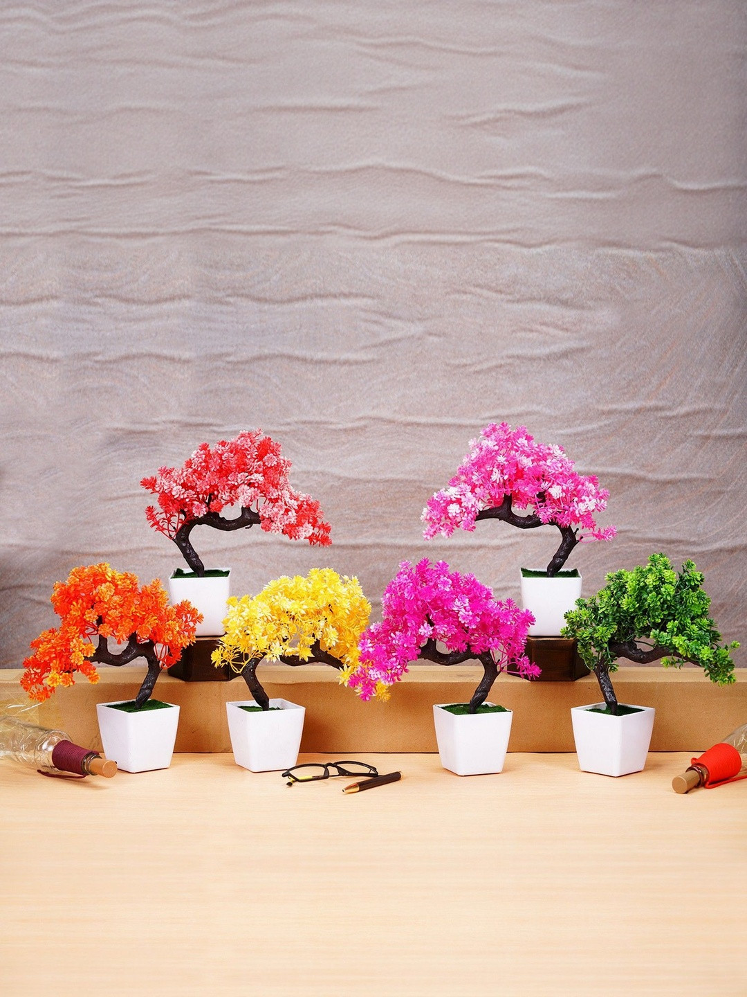 Dekorly Pink & Red 6 Pieces Artificial Flowers & Plants With Pot