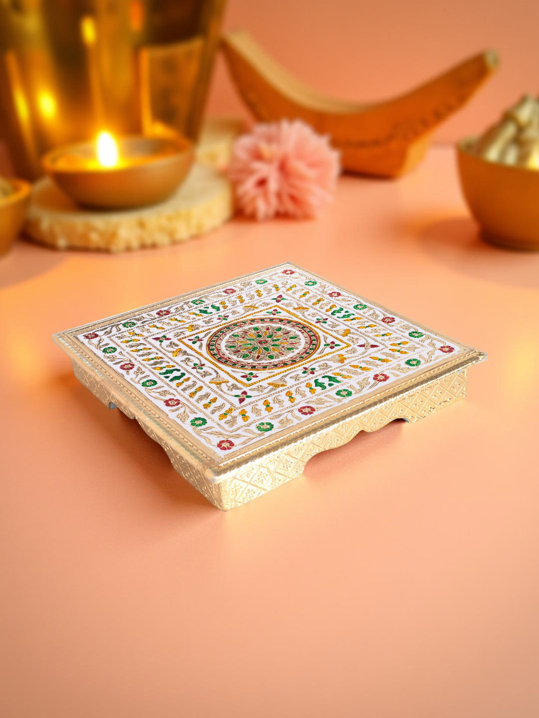 Golden Peacock Yellow Printed Chowki