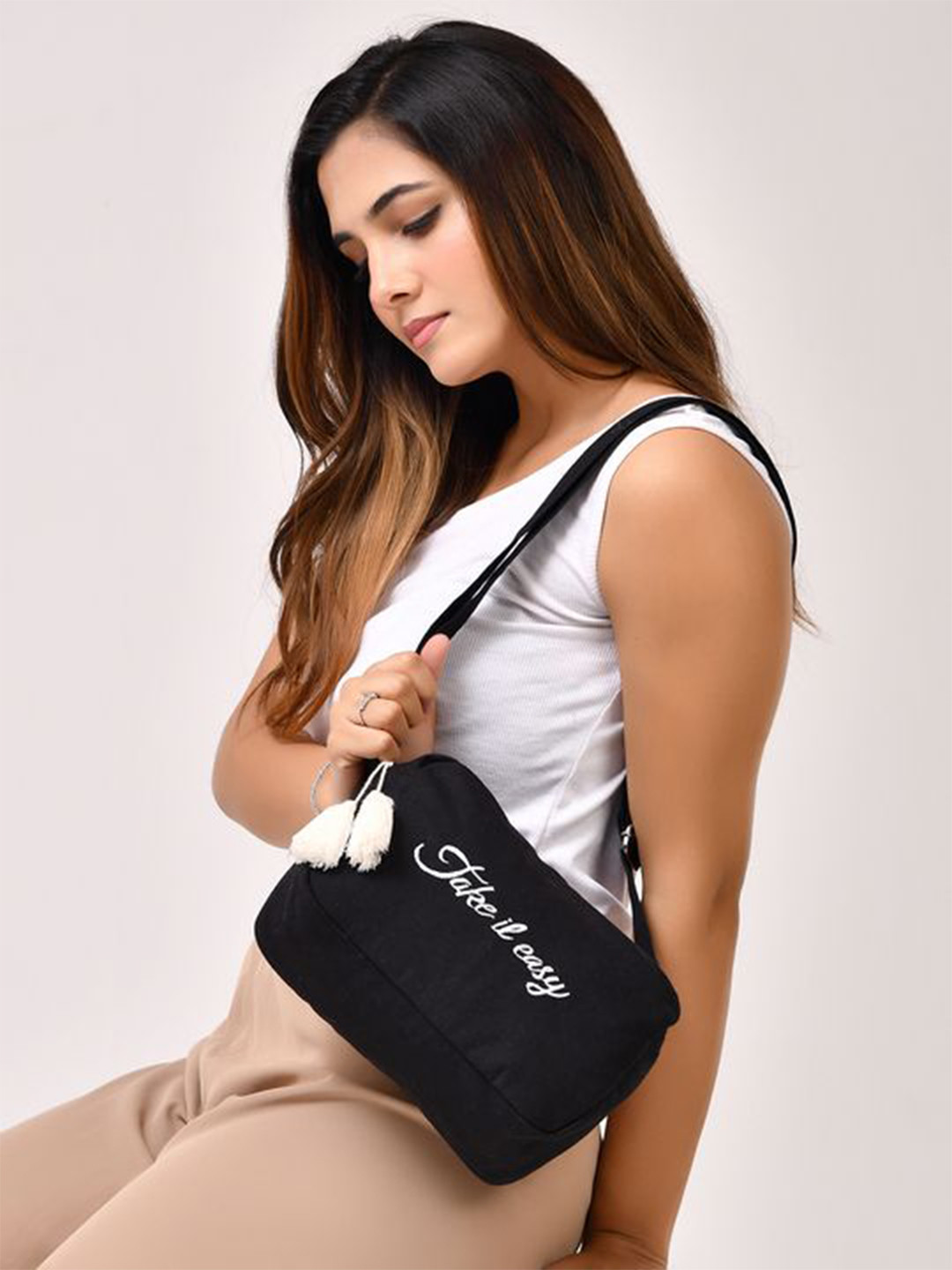 glitchez Women Typography Printed Structured Embroidered Shoulder Bag