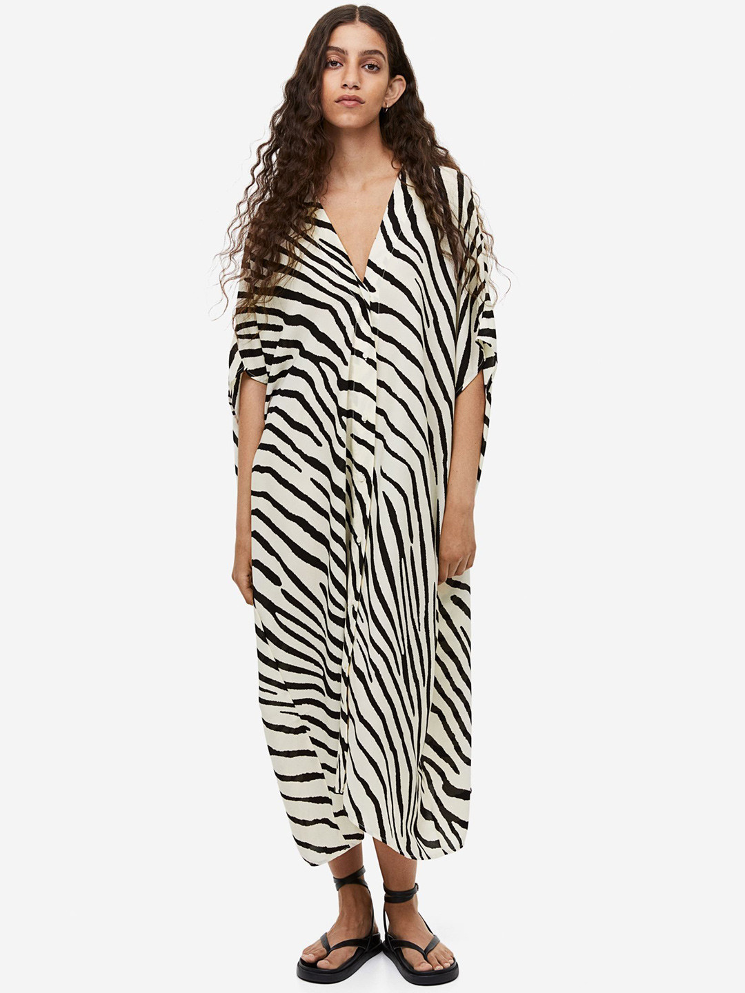 ROMONIA Women Animal Print Kimono Sleeve Kaftan Midi Dress