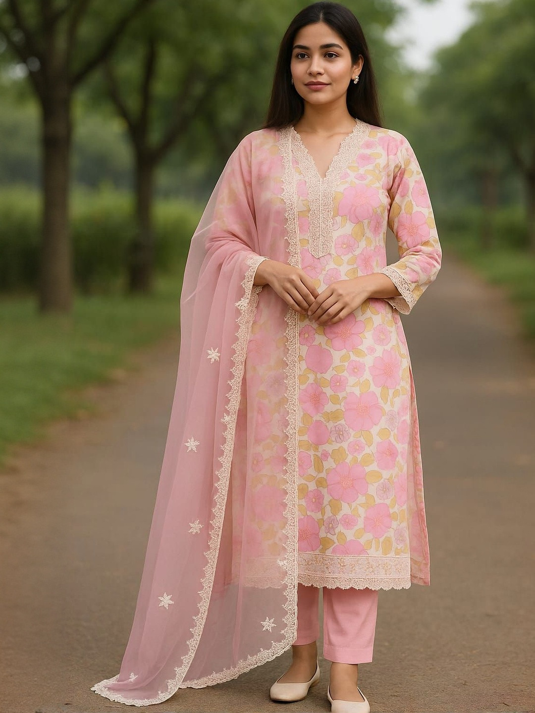 Agarwal Saree Floral Printed Mandarin Collar Kurta With Trousers & Dupatta