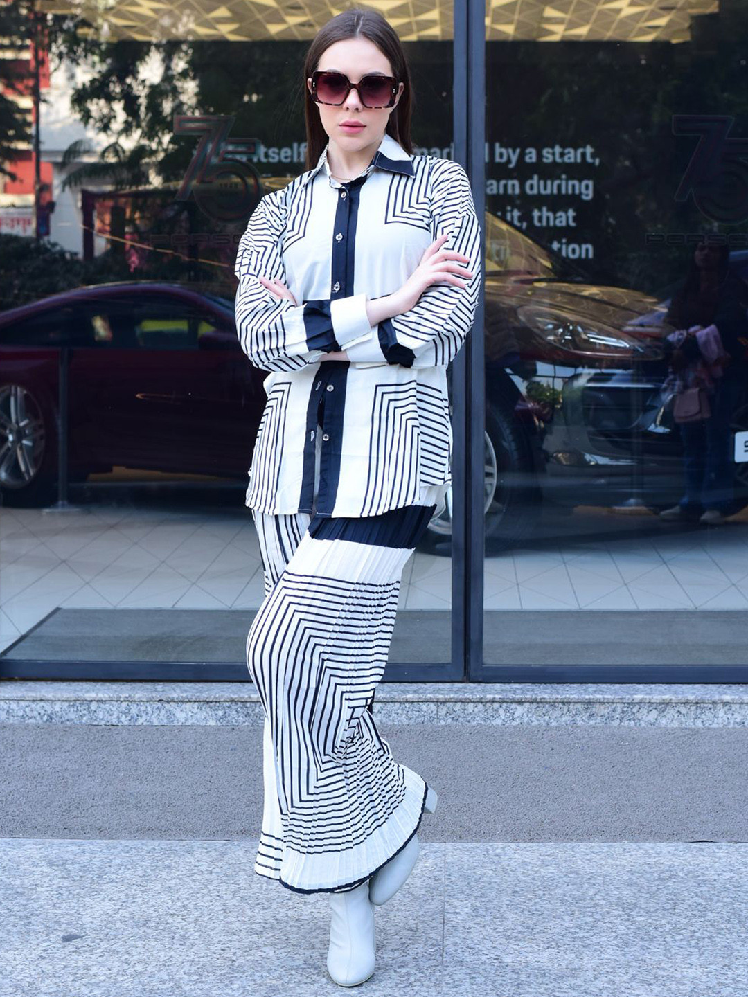 ROMONIA Striped Printed Spread Collar Shirt with Trouser