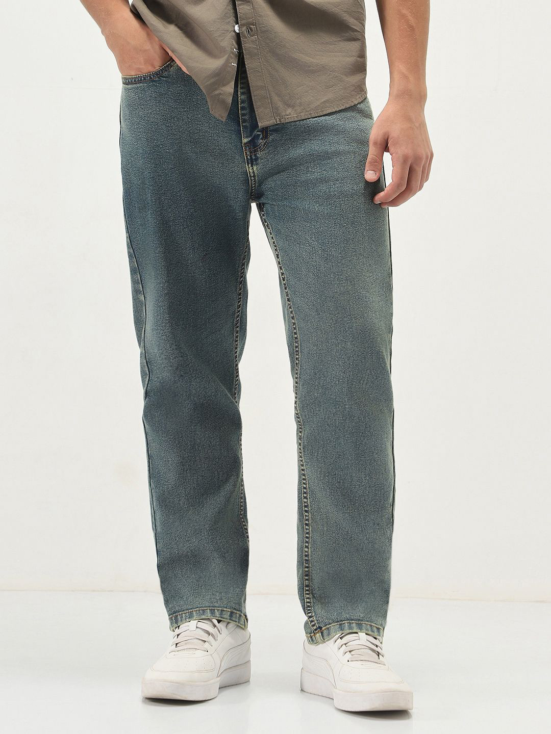 Urbano Fashion Men Light Blue Heavy Washed Stretchable Straight Fit Jeans