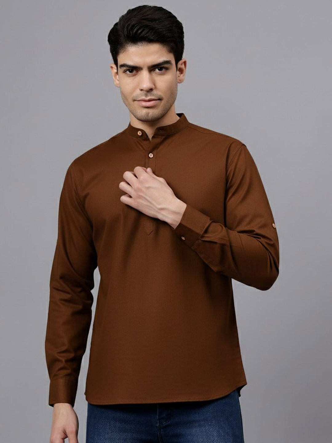 The Anchi Store Mandarin Collar Roll-Up Sleeves Cotton Kurta