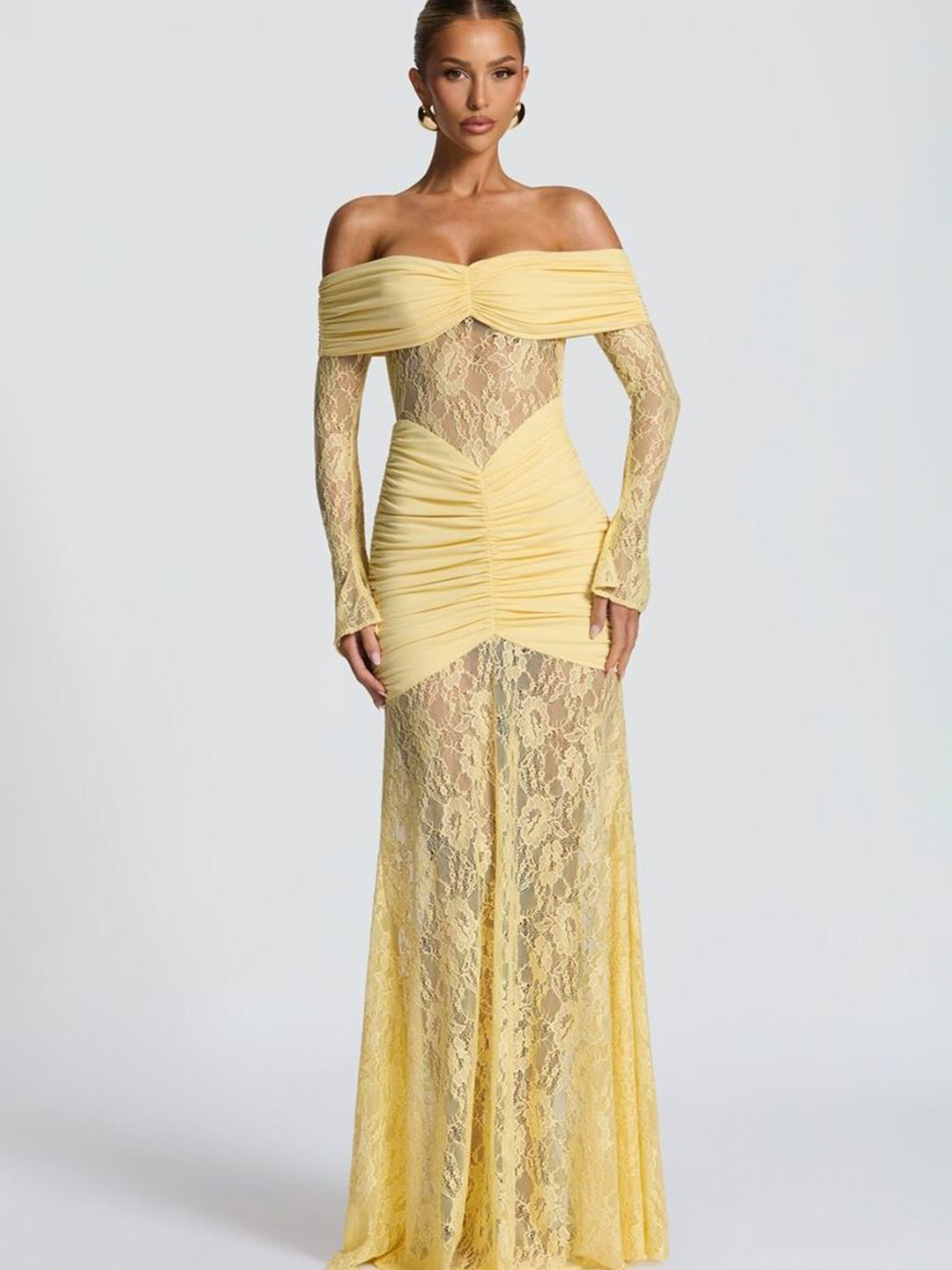 LULU & SKY Yellow Floral Lace Off-Shoulder Maxi Dress
