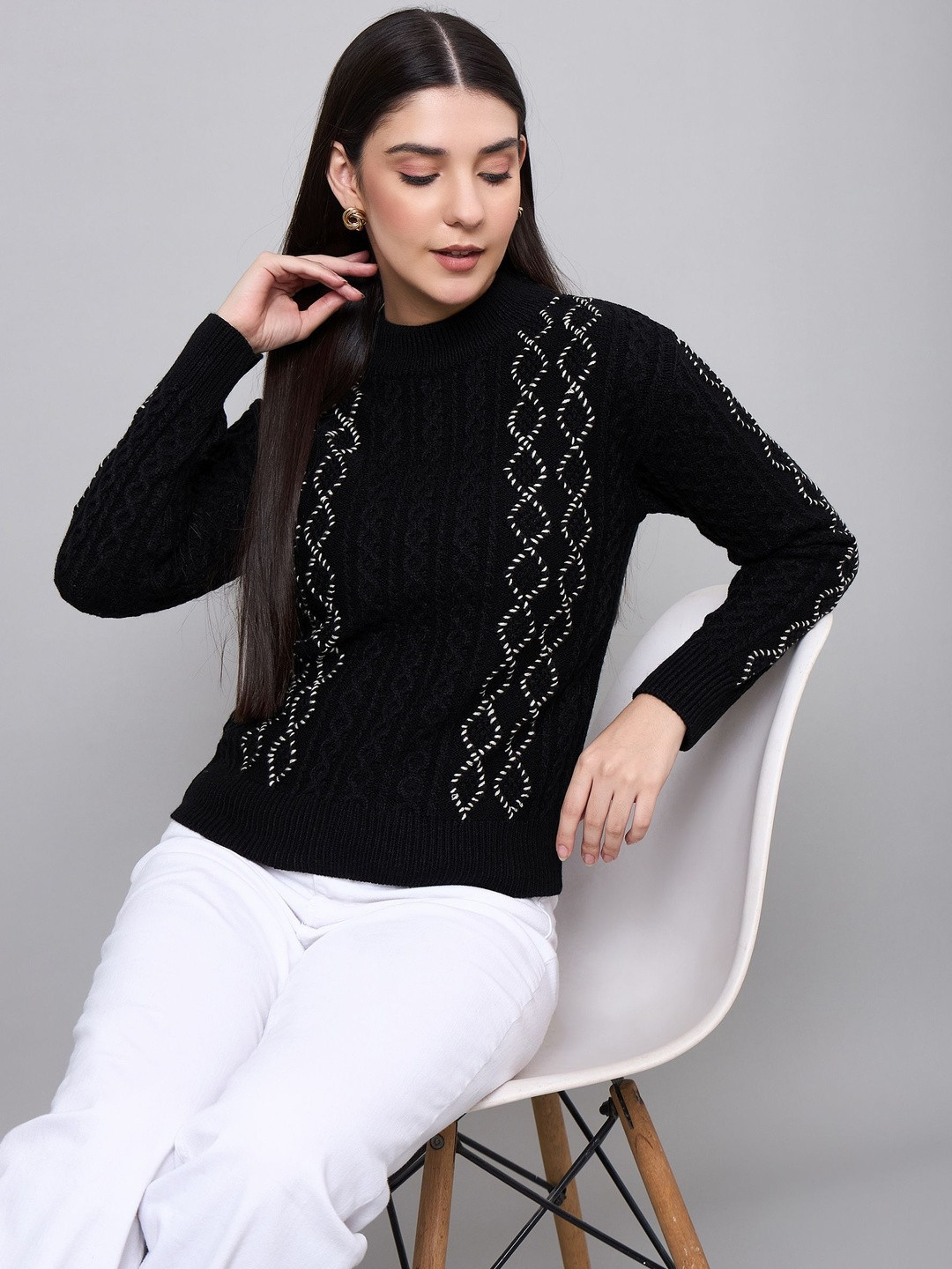 Spink Women Solid Self Design Pullover Long Sleeves Regular Sweaters