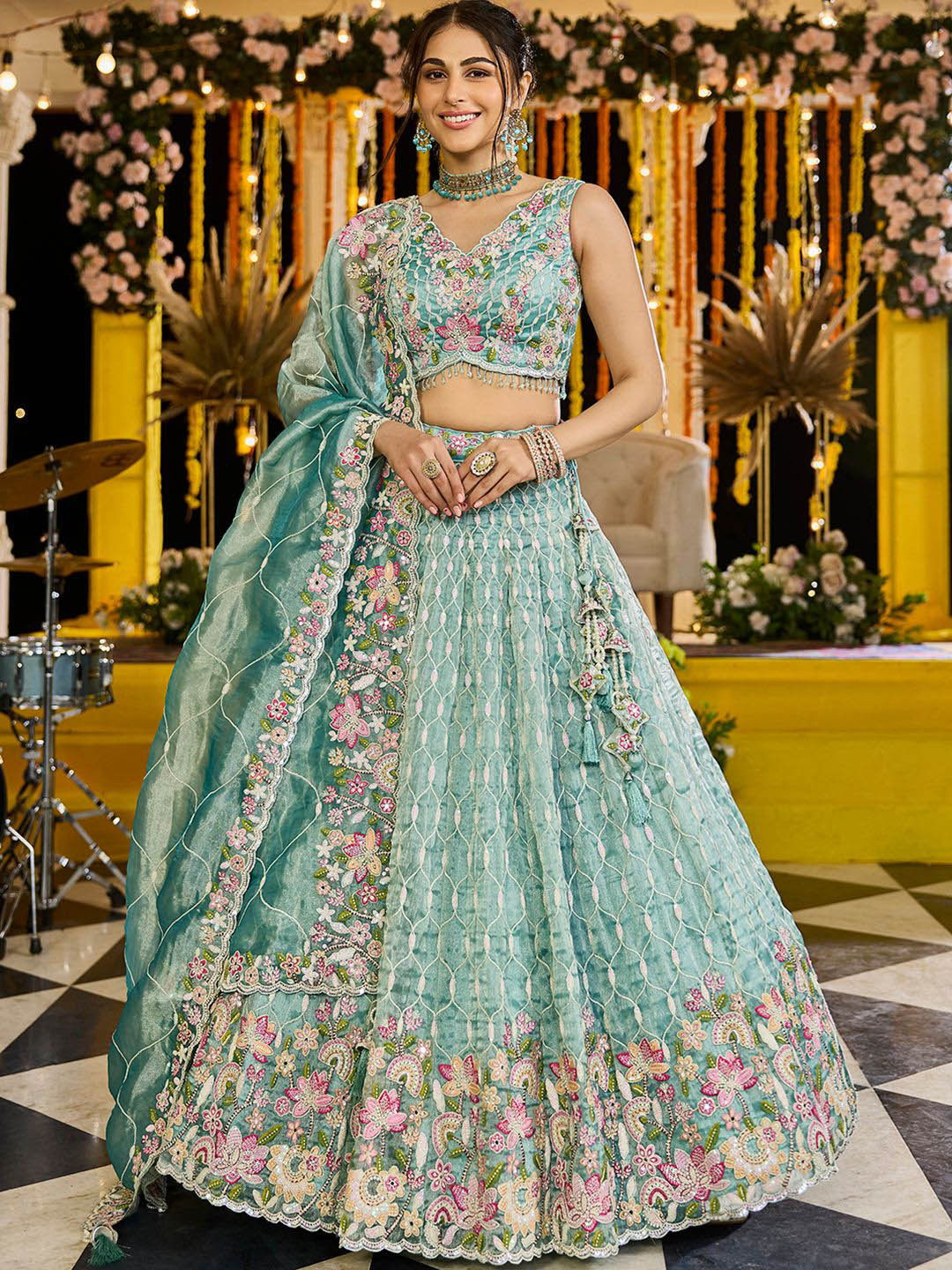 panchhi Rama Embroidered Satin Silk Sequinned Ready to Wear Lehenga & Blouse With Dupatta