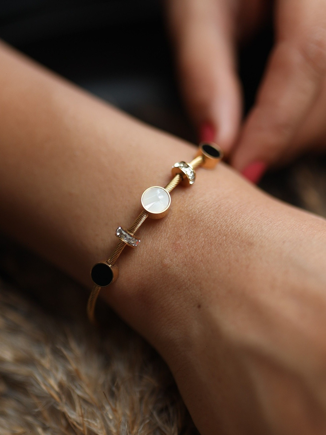 Ishil Gold-Plated Artificial Stones Studded Kada Bracelet