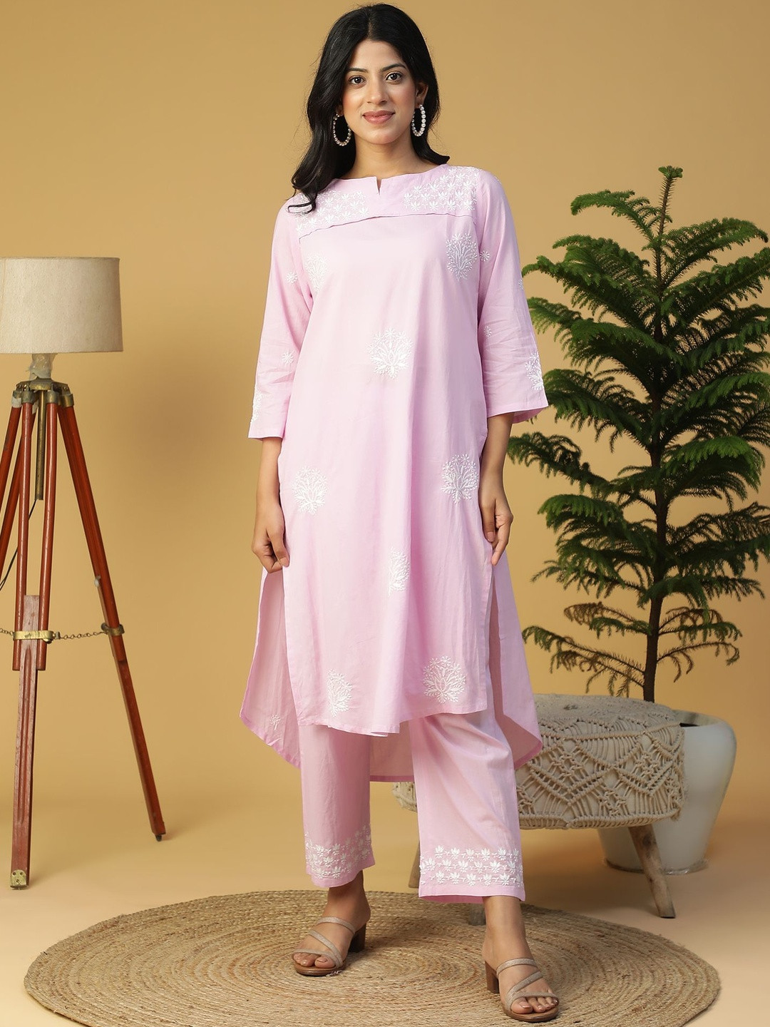 SEMAL HANDICRAFTS Women Ethnic Motifs Embroidered Boat Neck Cotton Kurta with Trousers