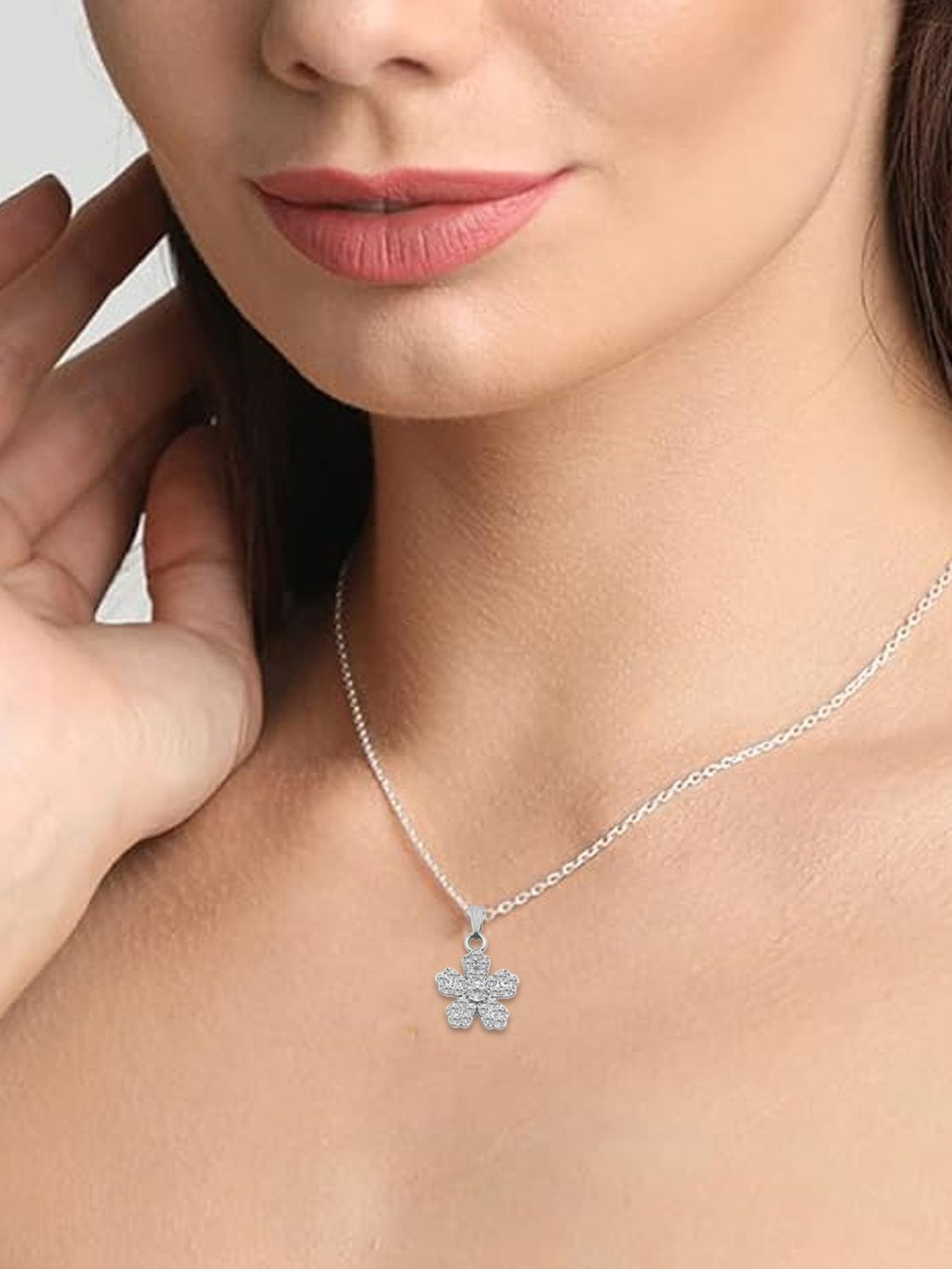 De-Ultimate Women Silver-Plated Sparkle Flower Design Cubic Zirconia Locket