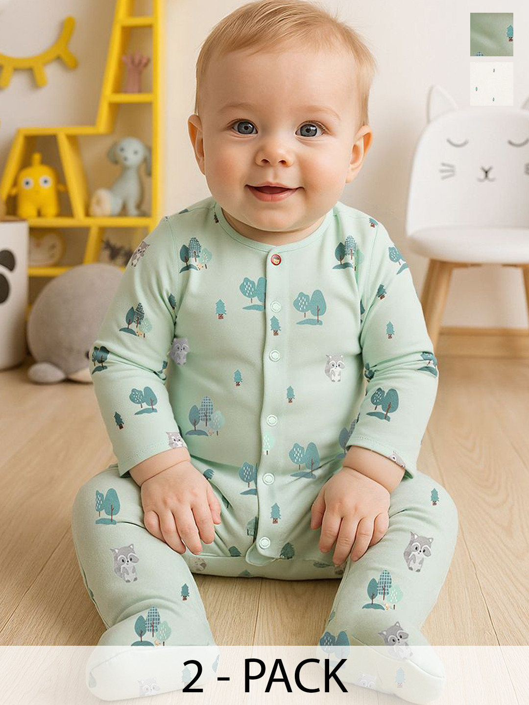 MINI KLUB Infant Boys Pack Of 2 Trees Printed & Embroidered Cotton Full Sleeves Rompers