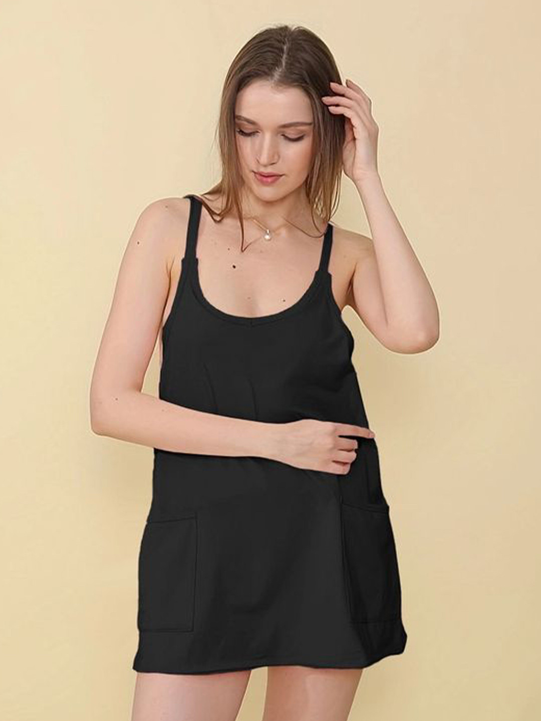 LULU & SKY Solid Shoulder Straps Utility Pockets Mini Dress