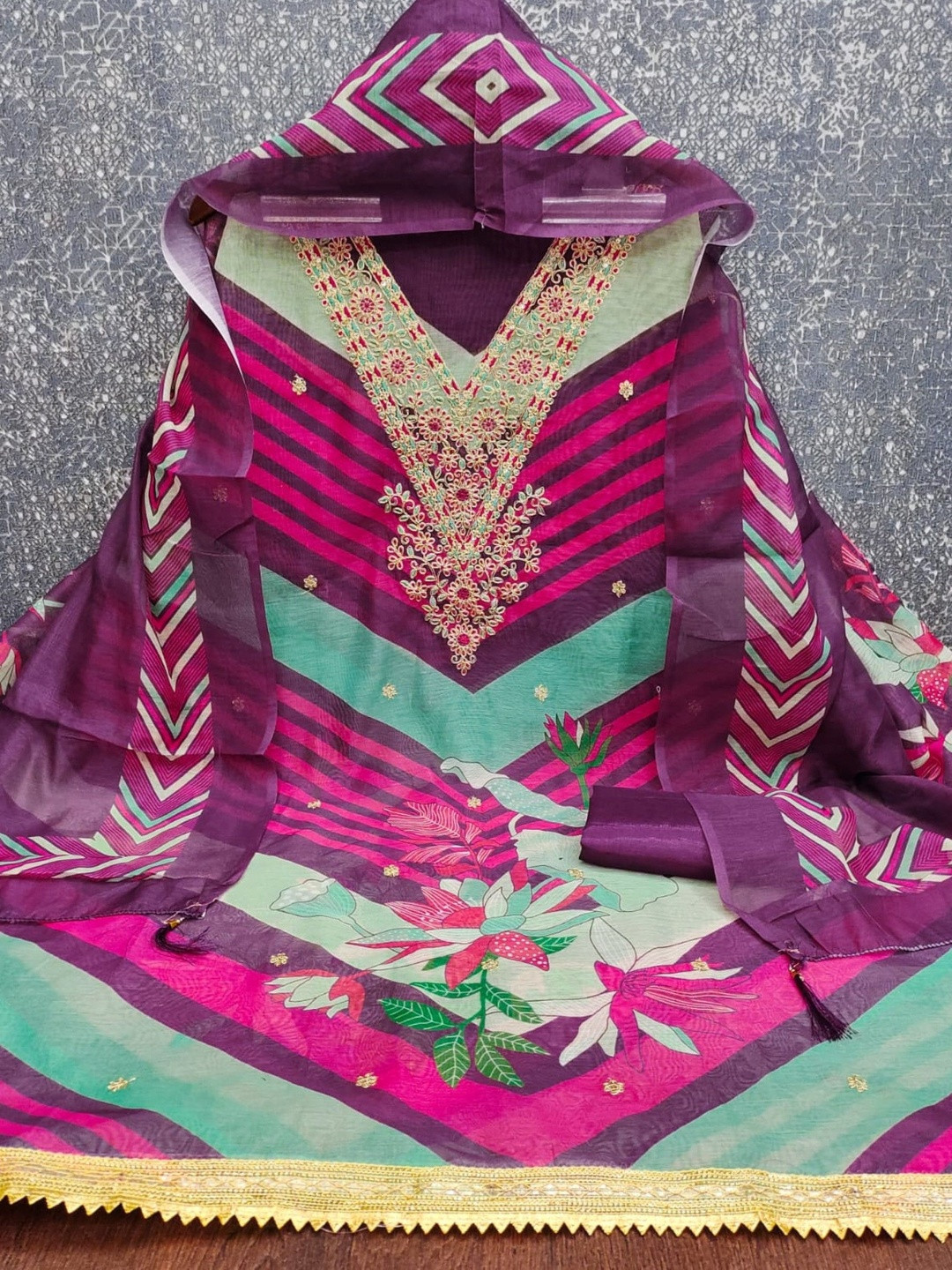 KALINI Women Chanderi Digital Print With Coding Work Unstitched Dress Material