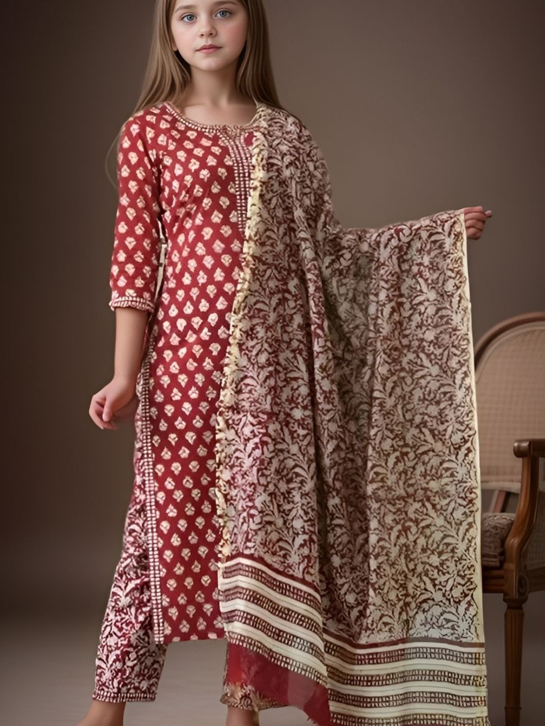 Aarya Designer Girls Floral Printed Pure Cotton Kurta And Trousers With Dupatta