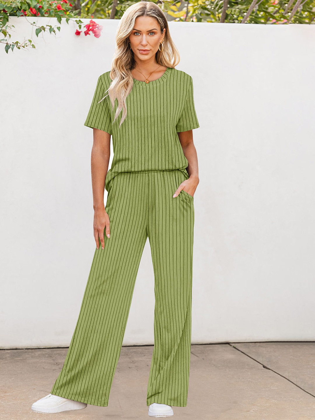 KERI PERRY Women Lycra Green Striped Casual T-shirt & Wide-Leg Pants Co-ord Set