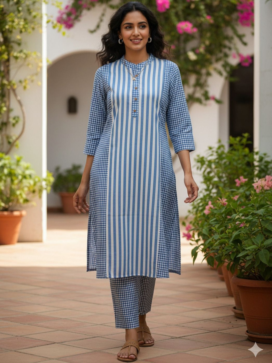 Gopi Prem Women Checked Mandarin Collar Pure Cotton Straight Kurta with Trousers