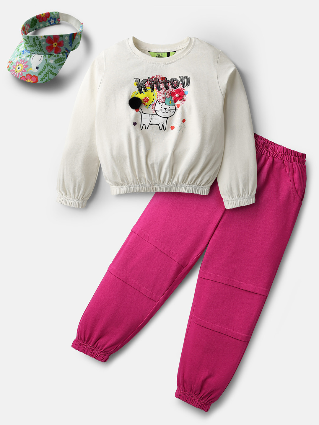 YK Round Neck Cotton Spandex Top With 3D Applique Kitten Print With Joggers And Cap Set