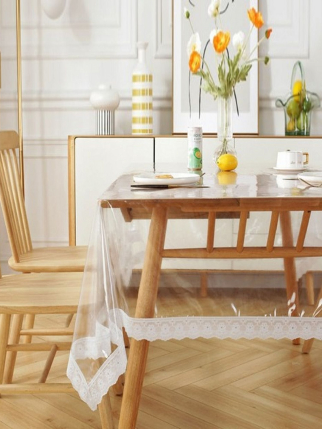 AMBBI COLLECTIONS White And Transparent Waterproof Rectangle 4-Seater Table Cover