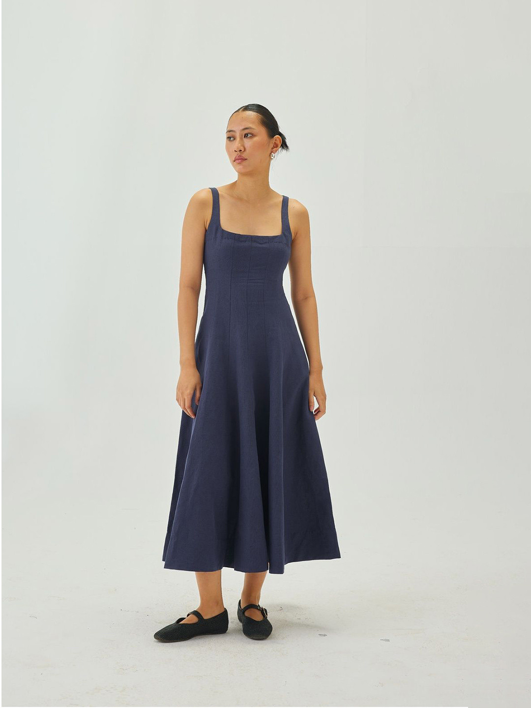 Shop Staple Women Striped Square Neck Shoulder Straps Linen Fit And Flare Midi Dress