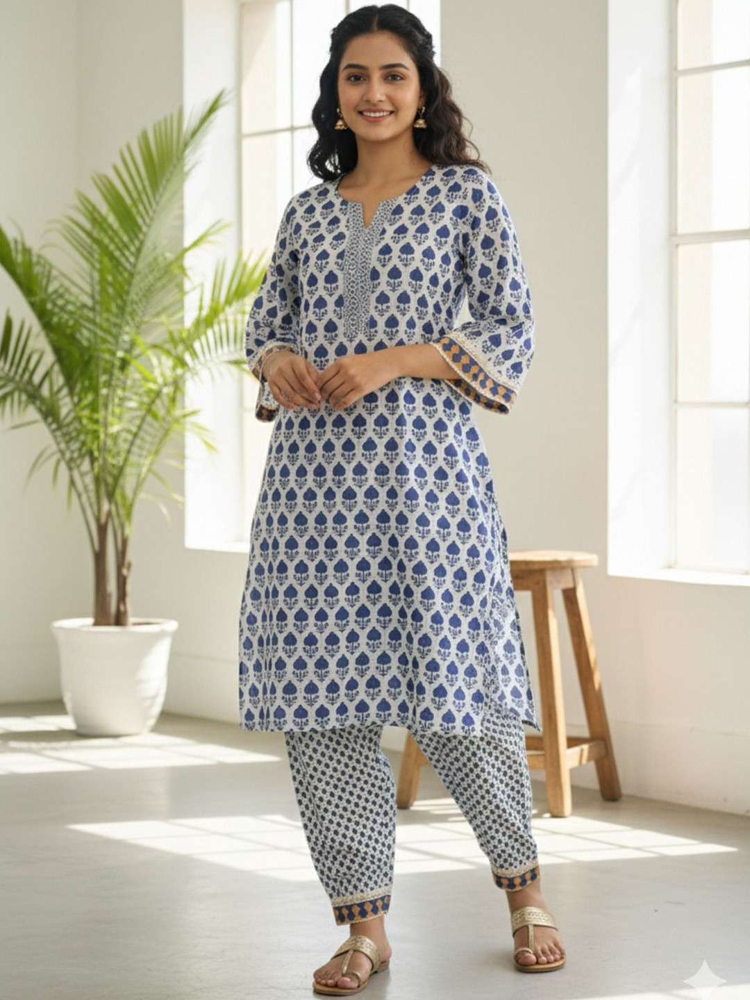 Gopi Prem Women Ethnic Motifs Printed Round Neck Pure Cotton Kurta with Trousers