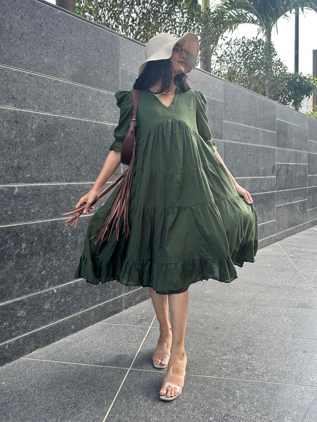 In Your Dreams Puff Sleeves Tiered Cotton Empire Midi Dress