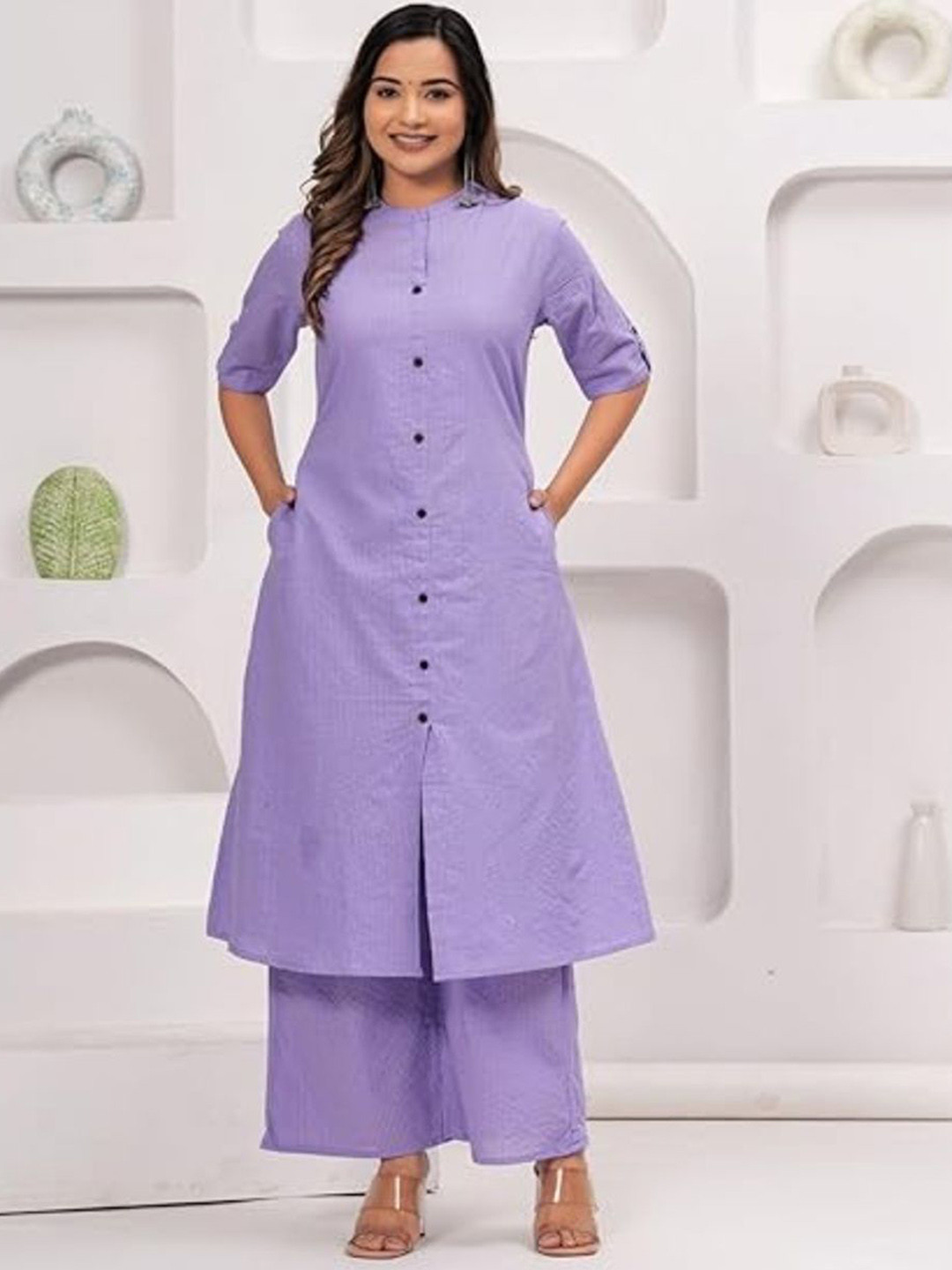 Tashvi's Striped Mandarin Collar Kaatha Work Pure Cotton Long Tunic With Trouser