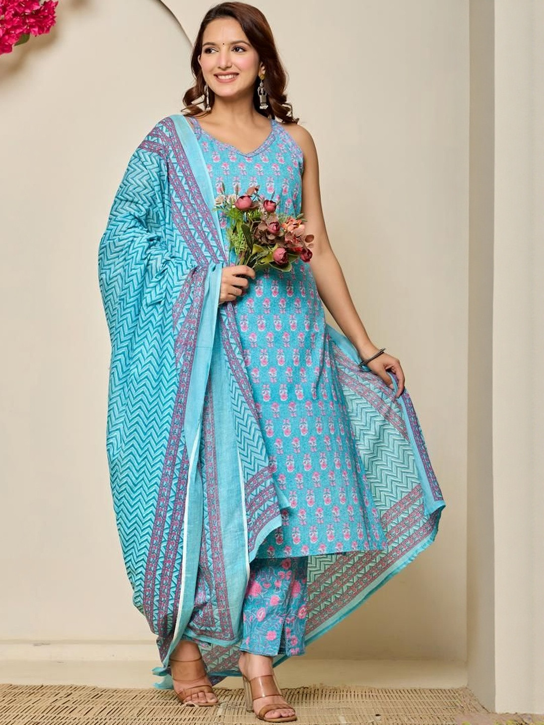 METRO-FASHION Women Ethnic Motifs Printed Cotton Kurta with Palazzo & Dupatta