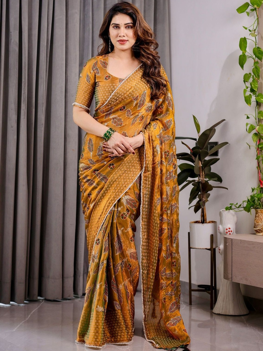 MAHARANI COUTURE Floral Beads and Stones Pure Chiffon Block Print Saree