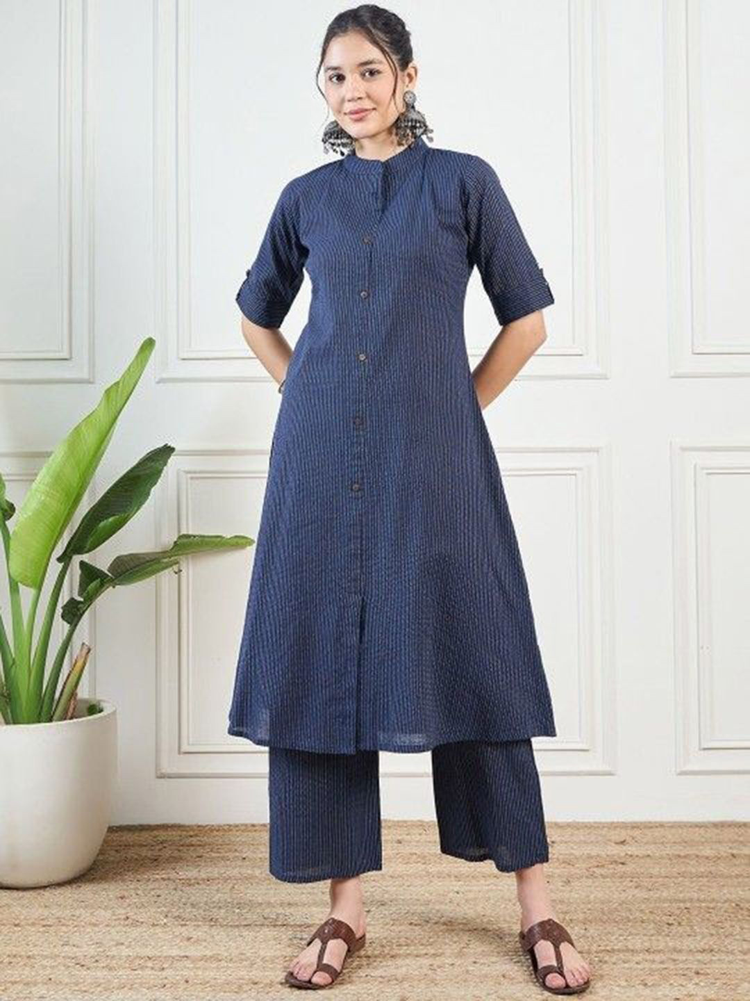 Tashvi's Striped Mandarin Collar Kaatha Work Pure Cotton Long Tunic With Trouser