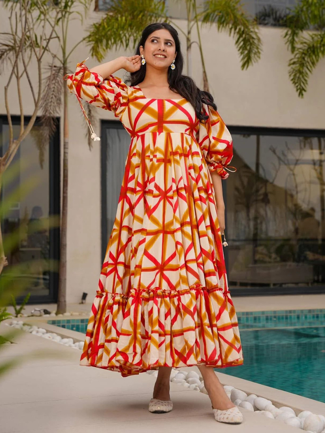 KINDHA Women Printed Puff Sleeve Tiered A-Line Maxi Dress