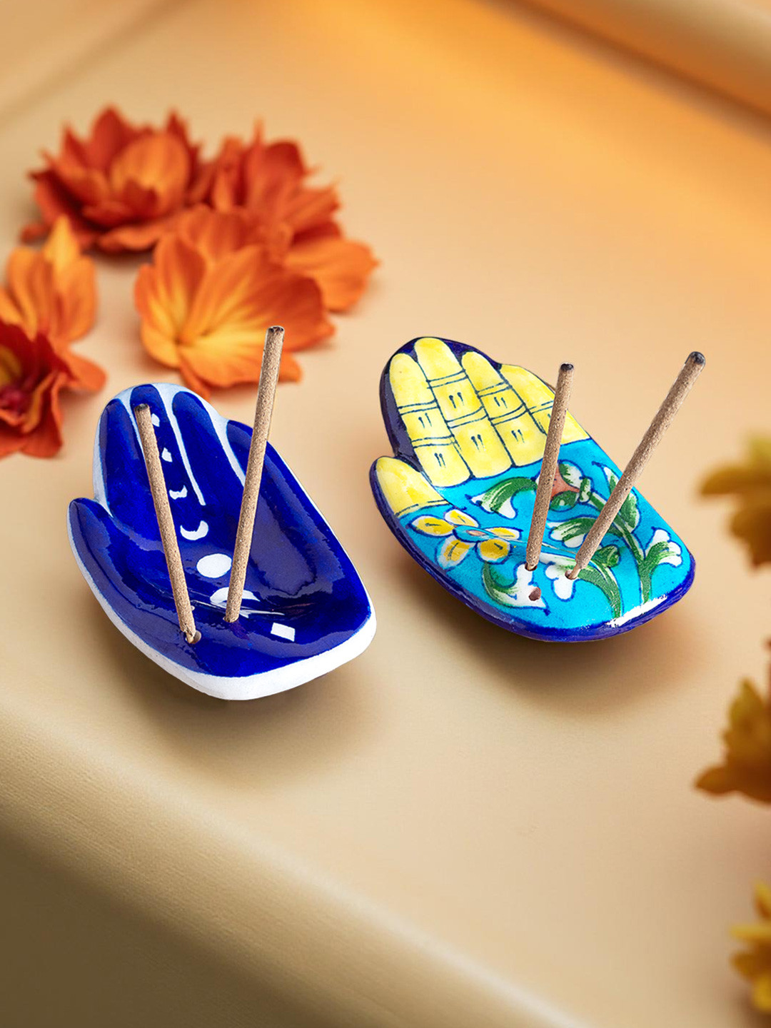 Golden Peacock Set Of 2 Blue Ceramic Incense Stick Holder