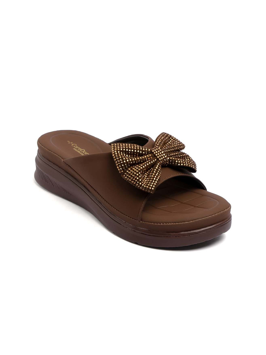 CareDone Women Open Toe Slip-On Wedge Sandals With Golden Bow