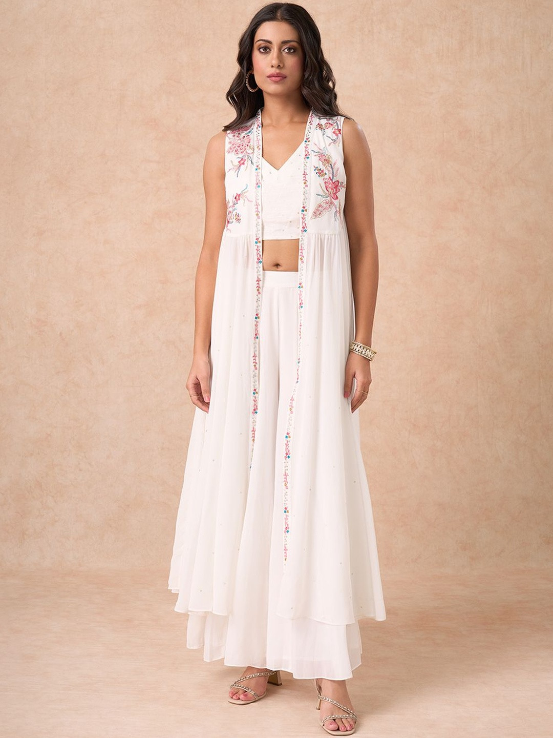 Marigold Lane Floral Embroidered V-Neck Layered Thread Work Top and Palazzos with Coat