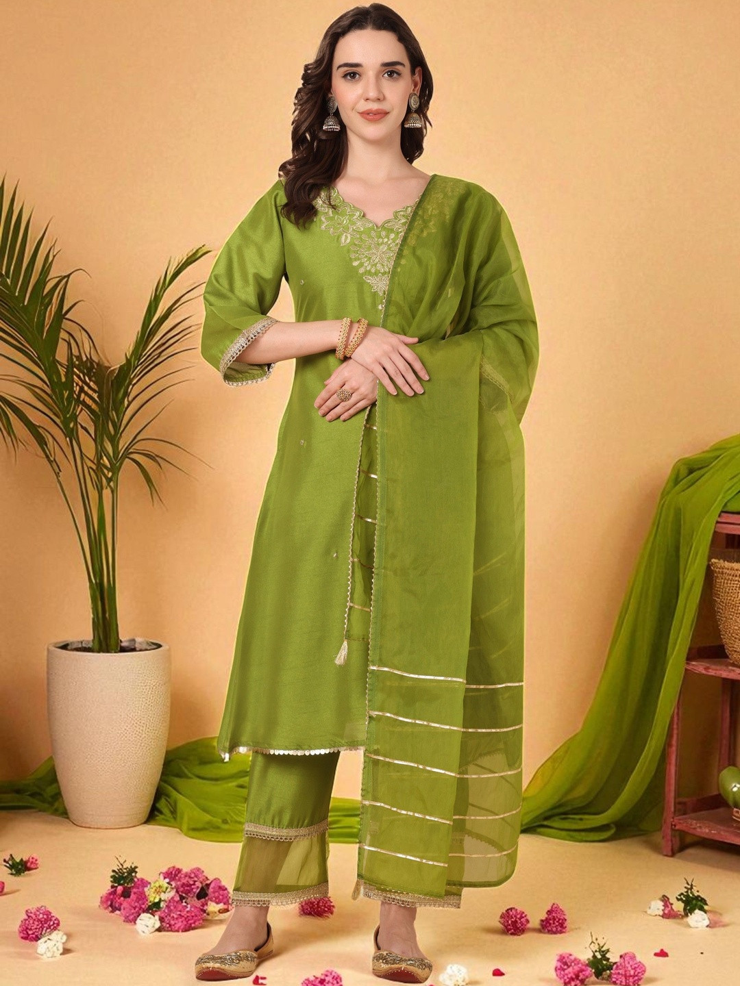 Azira Women Ethnic Motif Embroidered Zari Kurta with Palazzos & Dupatta