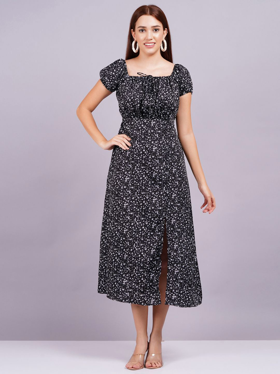 HIGHLIGHT FASHION EXPORT Micro Ditsy Printed Slits Puff Sleeve Fit & Flare Midi Dress
