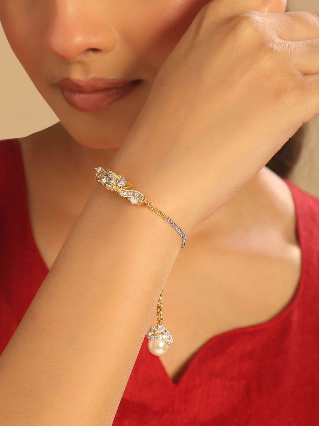 Nuyug Gold-Plated American Diamond Studded And Pearls Beaded Wraparound Bracelet