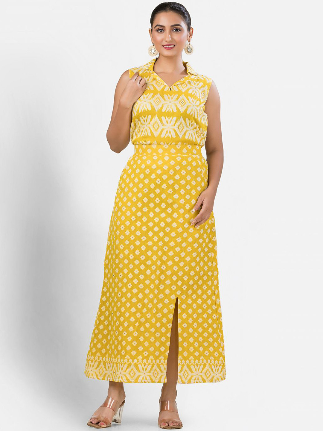 Crazy Needle Women Sleeveless Cotton Jamdani Top With Pencil Skirt