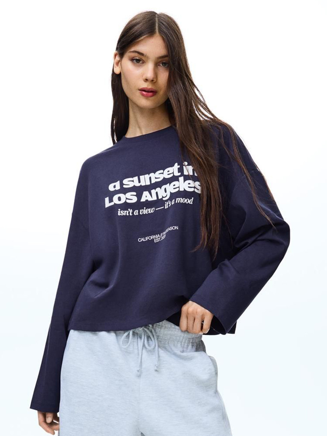 Bershka Typography Printed Long Sleeves Round Neck T-shirts