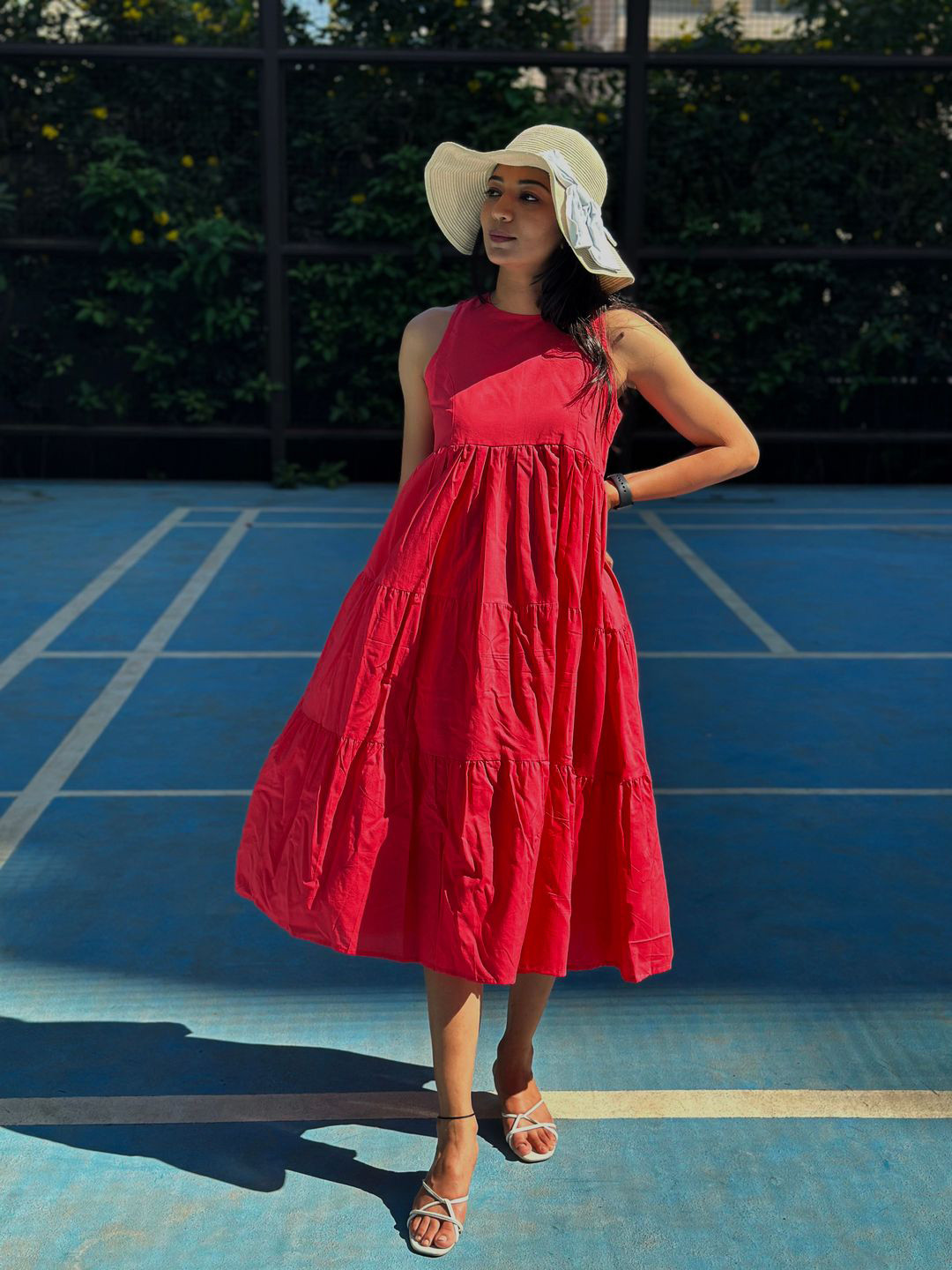 In Your Dreams Women Round Neck Cotton Sleeveless Tiered A-Line Midi Dress