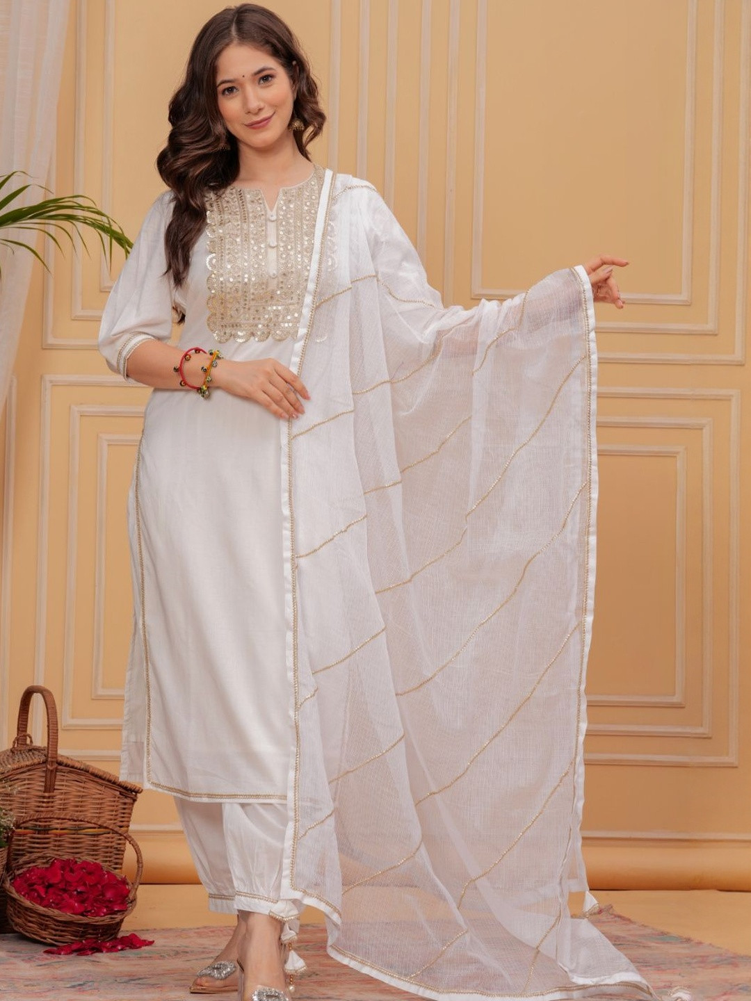 Tushti Women Embroidered Sequinned Pure Cotton Kurta With Salwar & Dupatta Kurta Sets