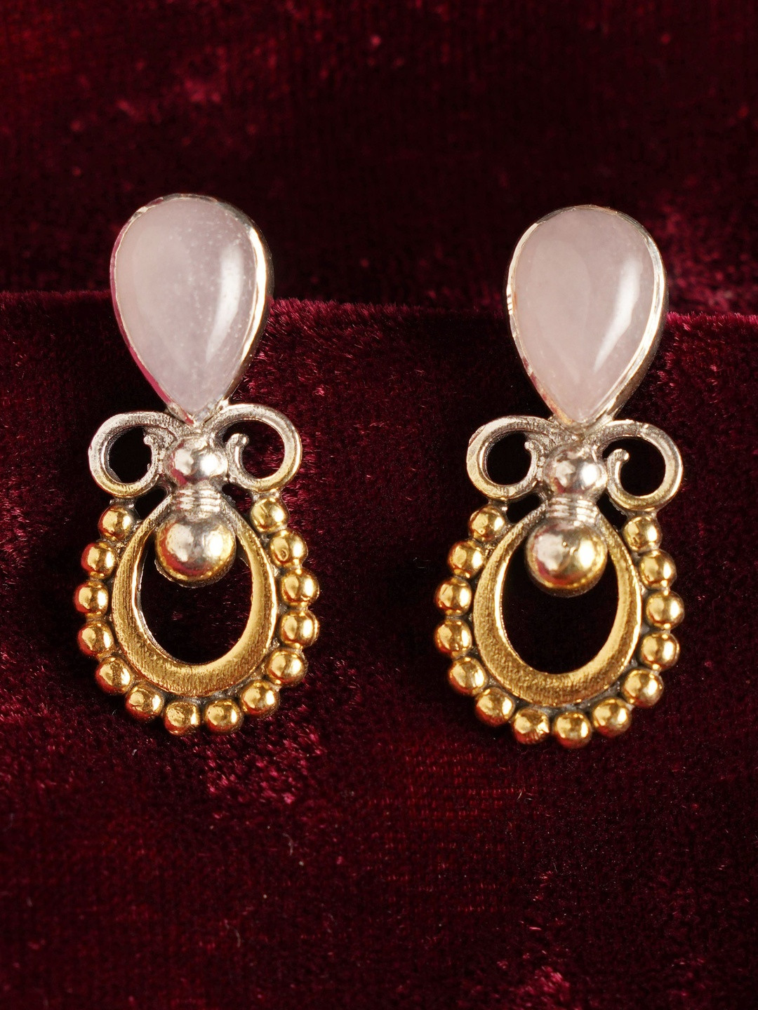 JAYPORE Silver Agate Studded Teardrop Shaped Drop Earrings
