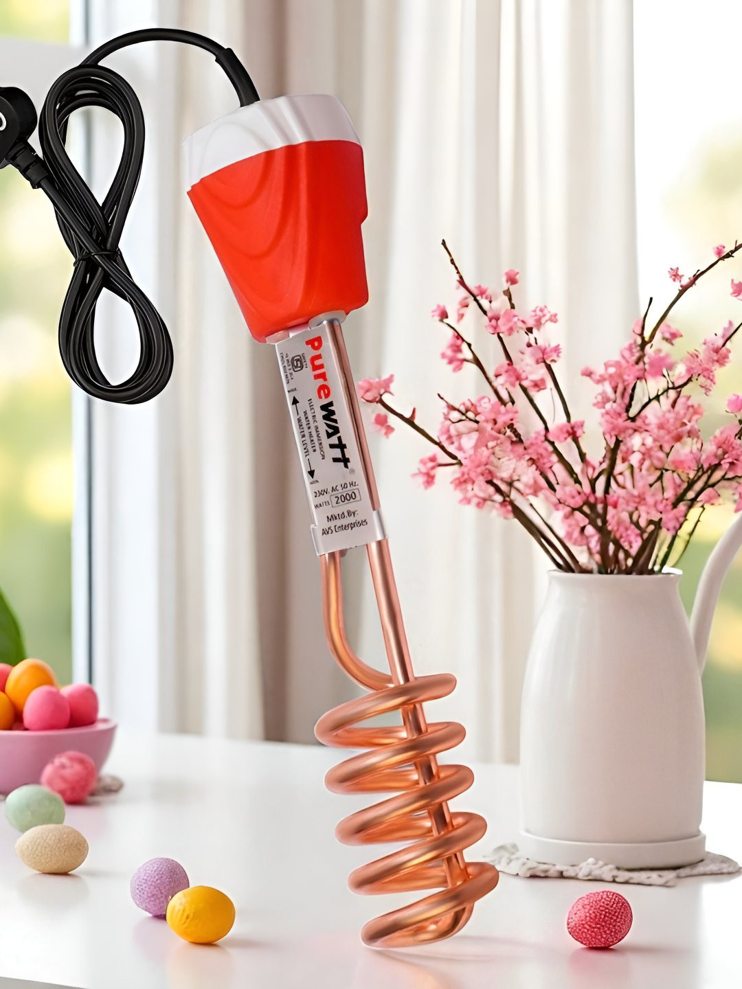 PURE WATT PW-021 Red 2000W Shock Proof Immersion Rod Water Heater - 30 Litres