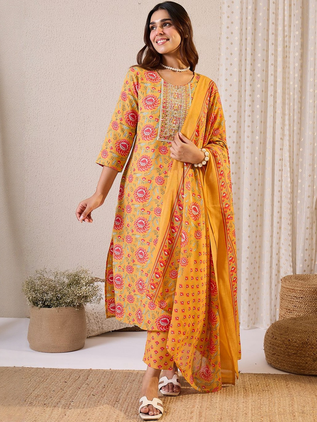 Indo Era Floral Embroidered Straight Zari Work Kurta With Trousers & Dupatta