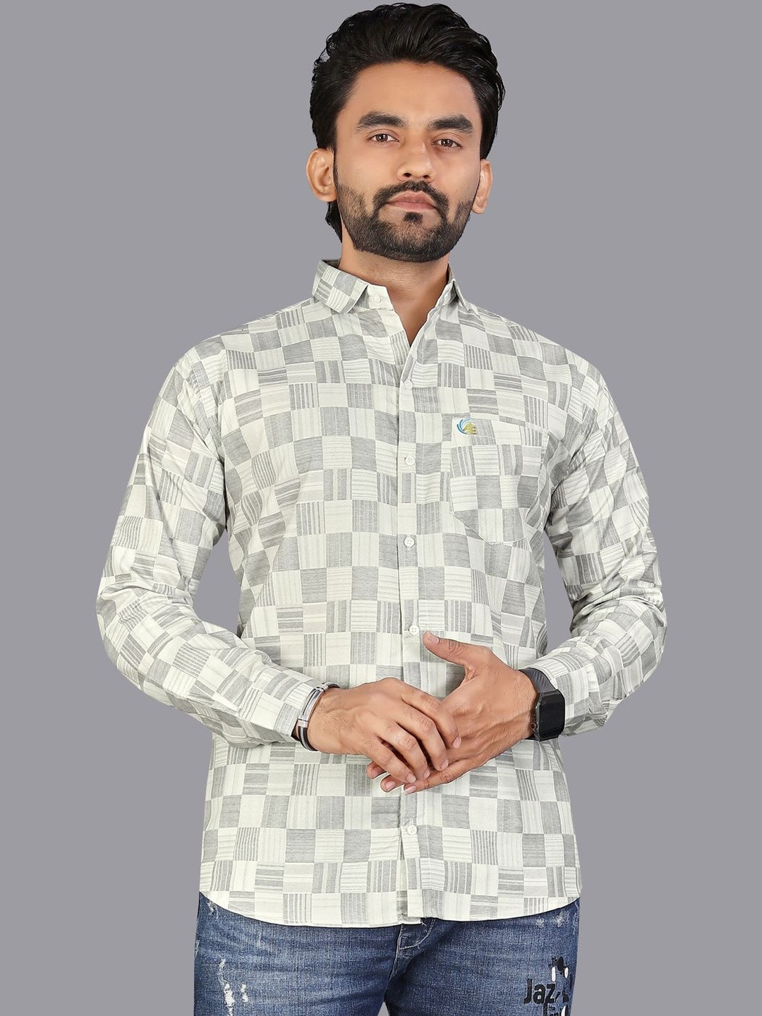 ISUEL FAB Men Cream Printed Slim Fit  Spread Collar Cotton Formal Shirt