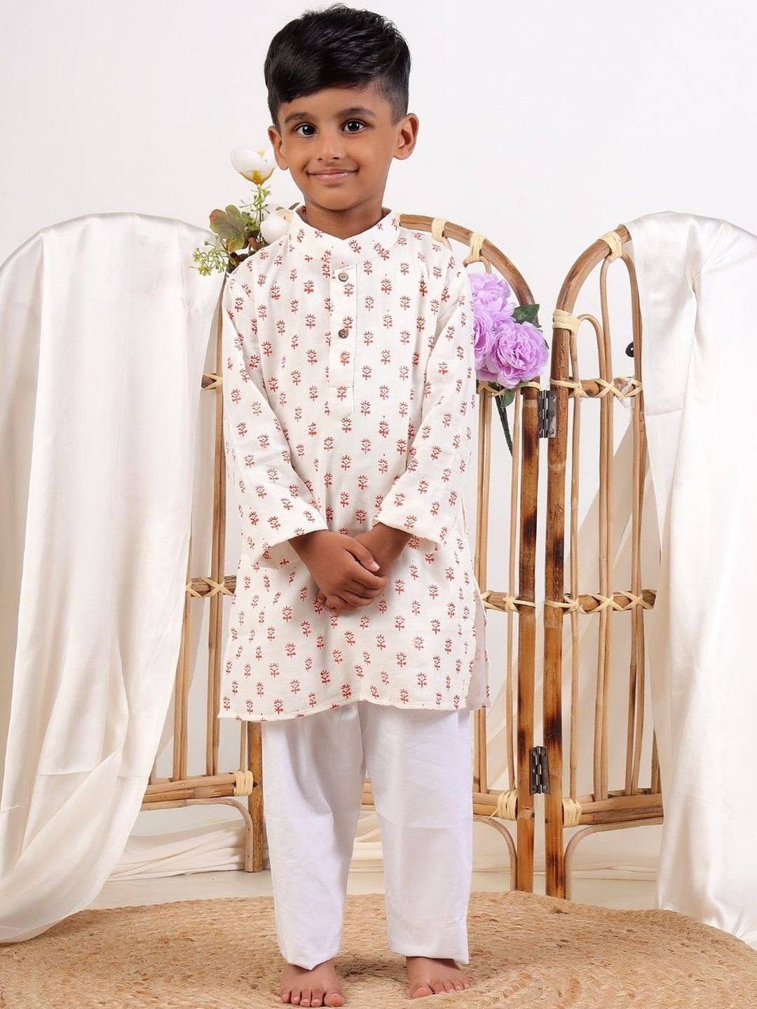 Sangria Boys Red Floral Mandarin Collar Long Sleeves Pure Cotton Kurta Sets