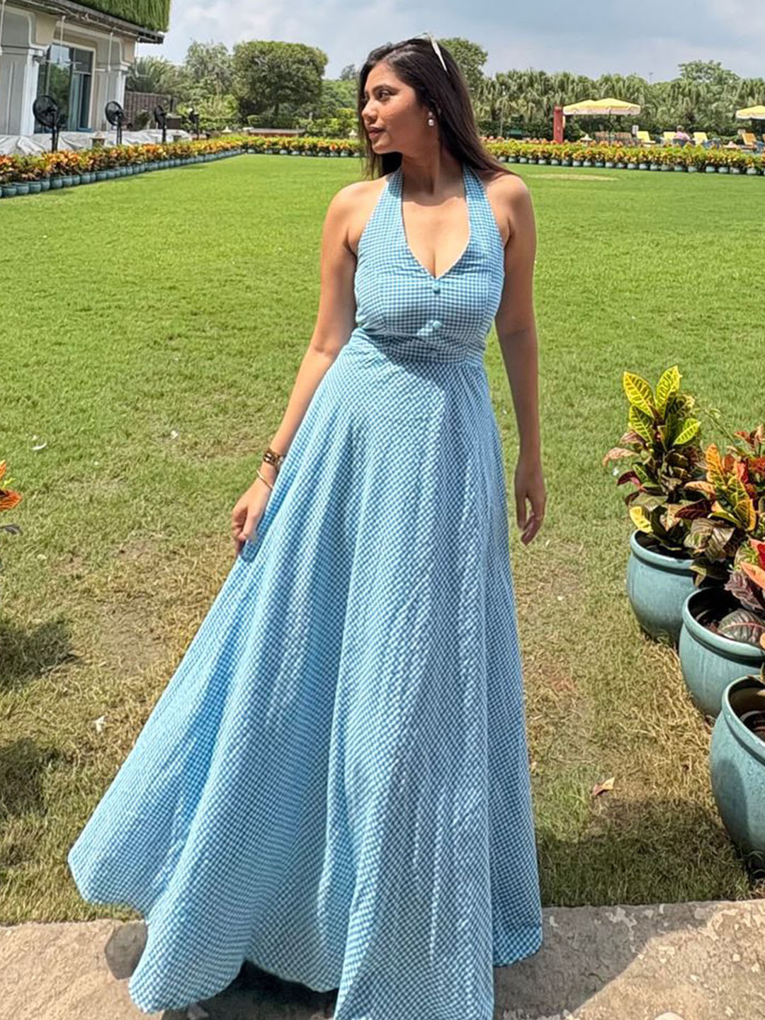 TAILORMADE CLOTHING Halter Neck Gingham Check Flared Dress