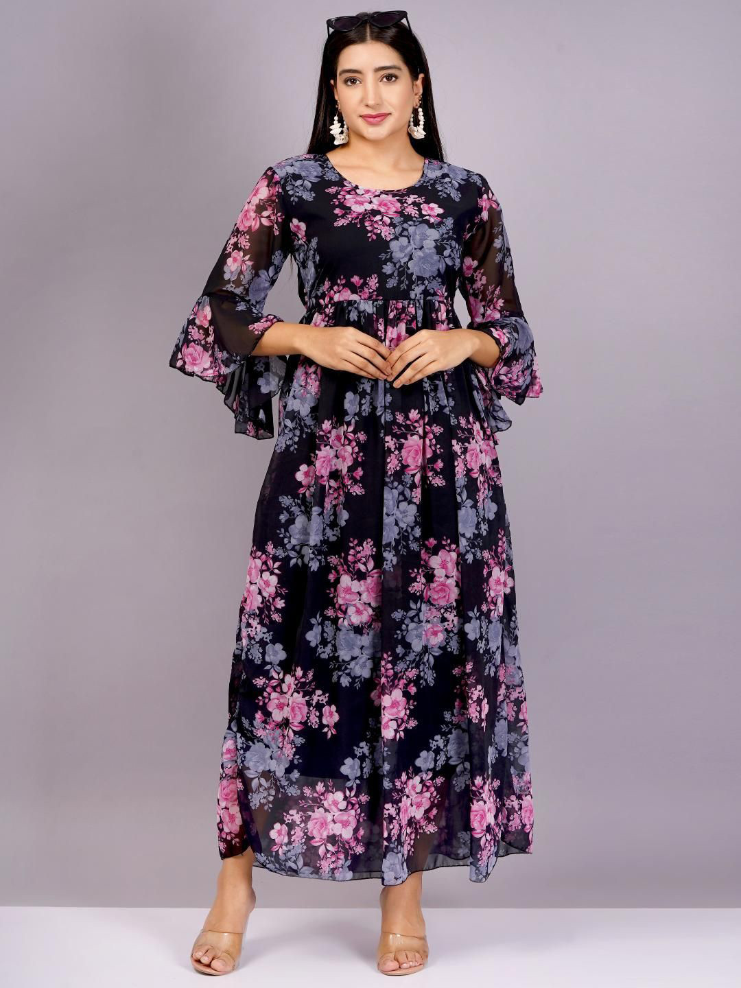 HIGHLIGHT FASHION EXPORT Women Flutter Sleeve Georgette Fit & Flare Maxi Dress