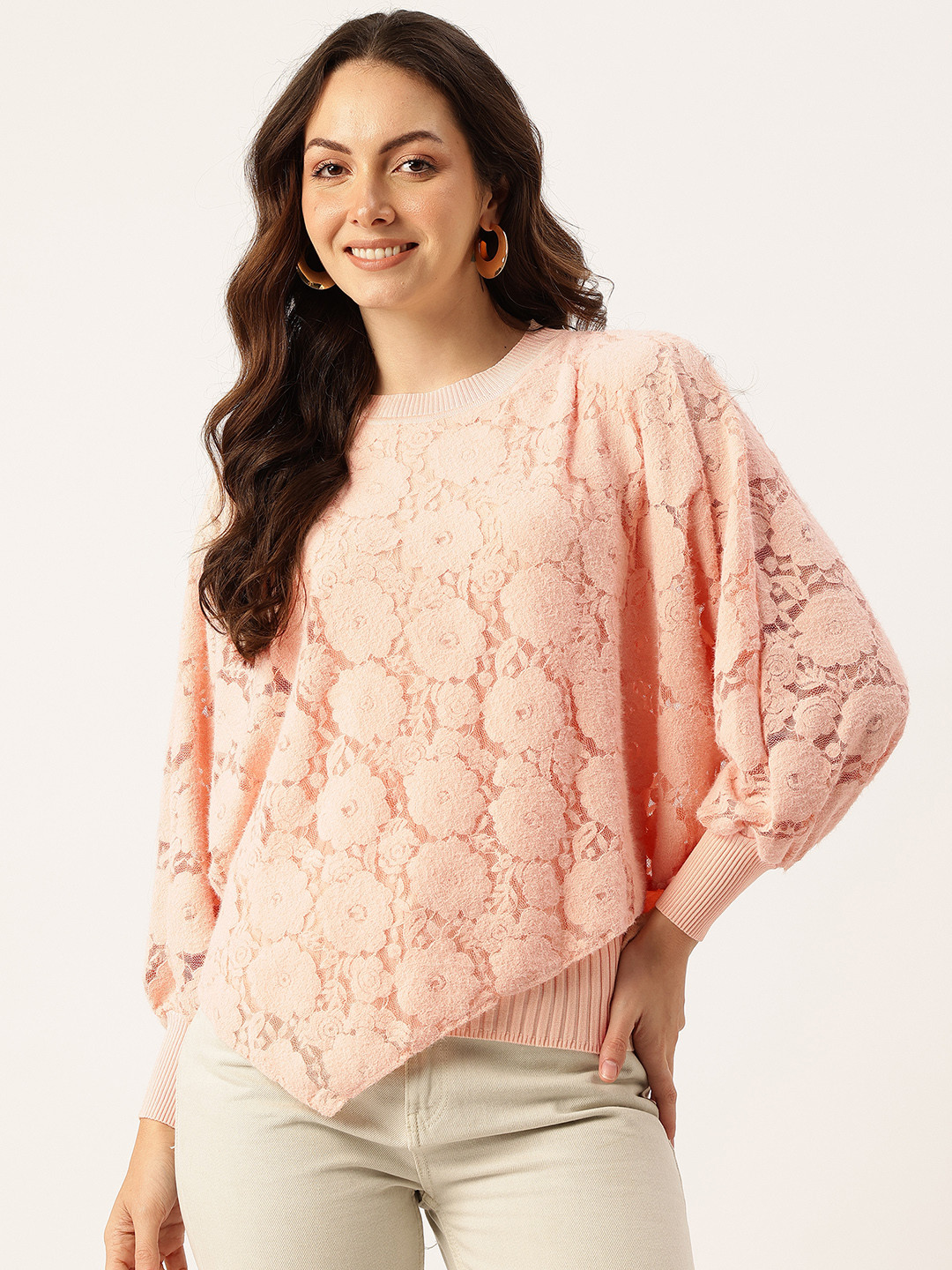 APSLEY Floral Self-Design Asymmetric Poncho-Style Lace Pullover with Inner Lining